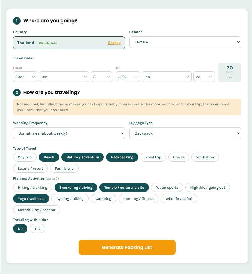 Pack Lightly Packlisten-Generator, personalisierte Checkliste f&uuml;r Thailand