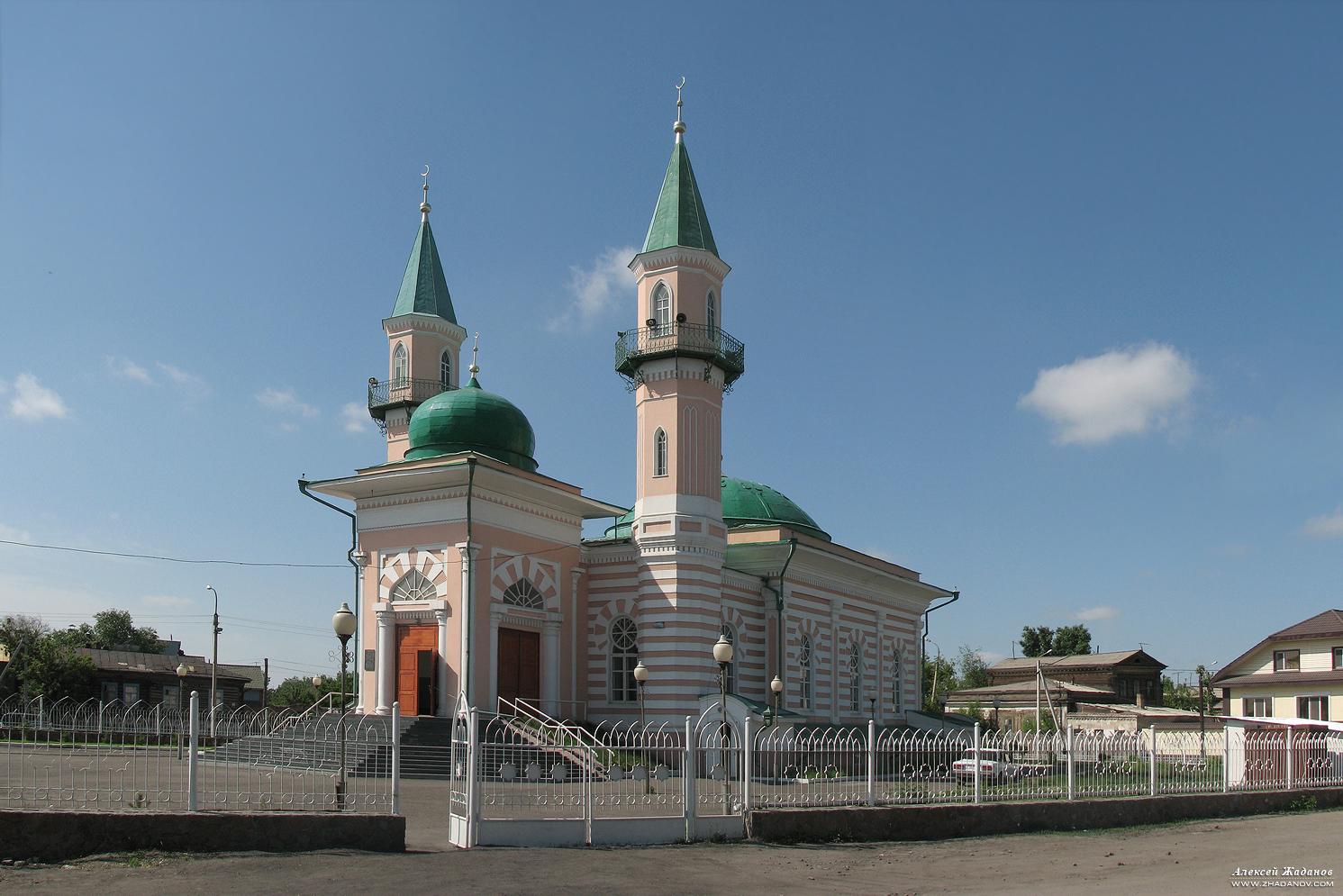 Green-domed mosque with twin minarets in Semey, Kazakhstan