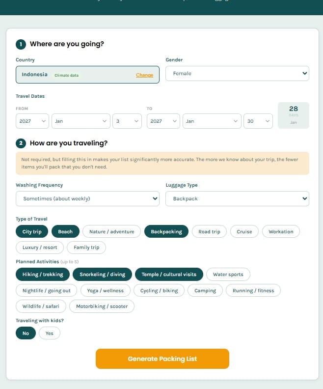 Home 24 Pack Lightly Packing List Generator, personalized checklist for Thailand