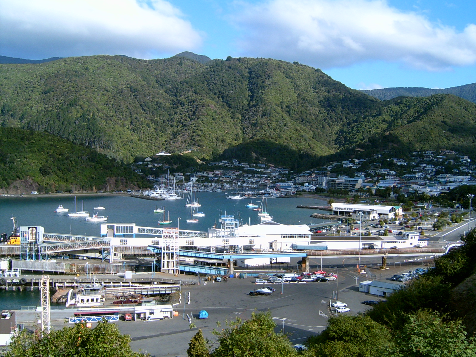 Picton harbor and town nestled among forested hills of the Marlborough Sounds