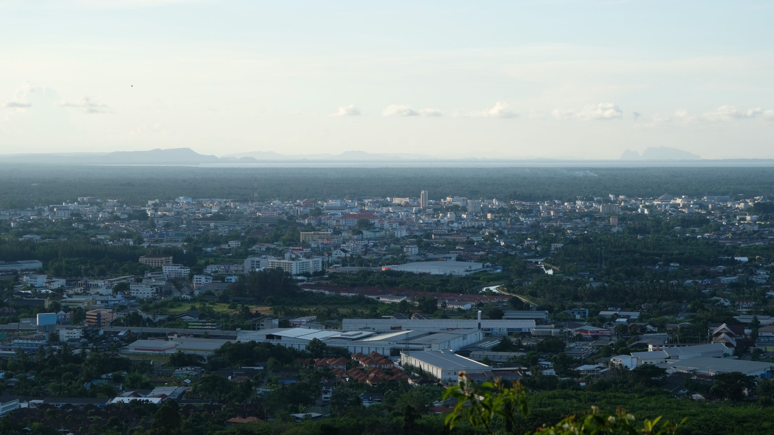 Aerial view of Surat Thani city skyline surrounded by greenery at dusk.